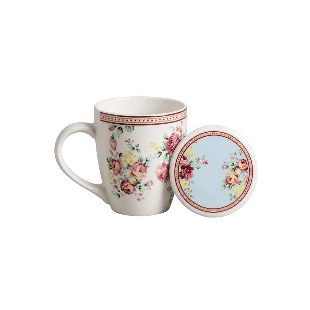 SET TAZA MUG C/ TAPA AZUL C/ ROSAS VO DULCE 9 x 9 x 11